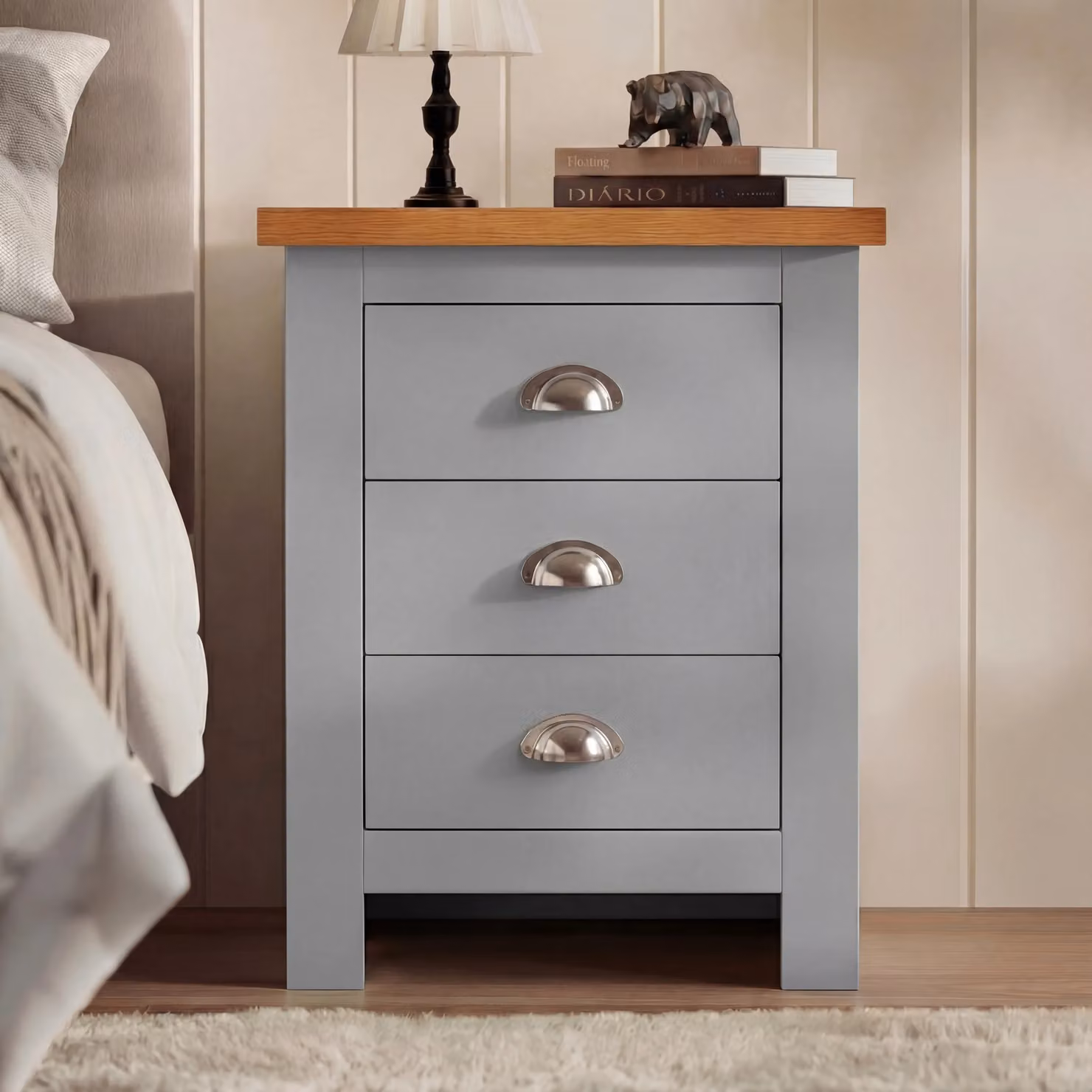 DHS Grey 3 Drawer Bedside Table with Oak Top and Minimalist Design W/D/H: 45 x 37 x 60 cm