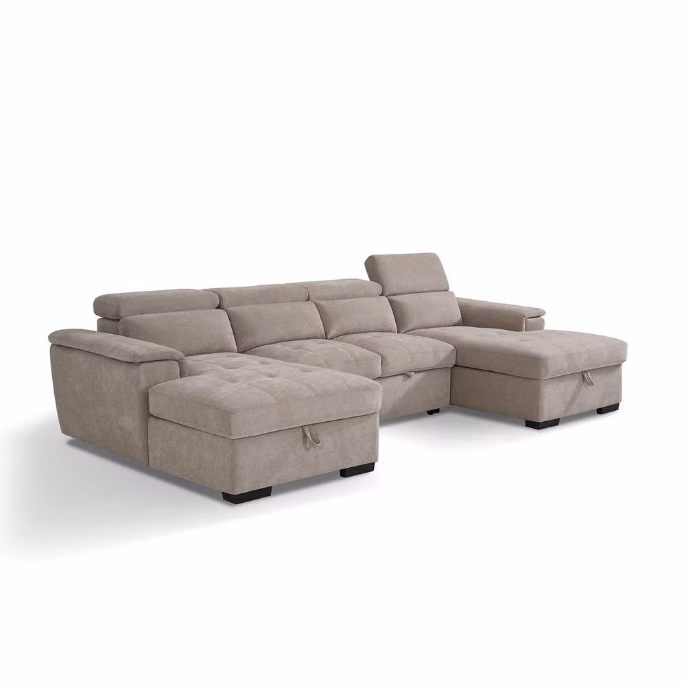 Furnishings For Less UK Large 5 Seater Beige Fabric U Shaped Sofa Bed with Adjustable Headrest and Storage – 2