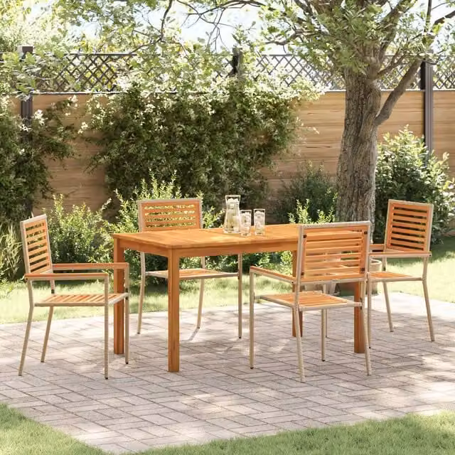 Berkfield Home 5 Piece Beige Poly Rattan and Acacia Wood Garden Dining Set