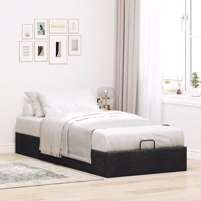 Berkfield Home Single Ottoman Bed Frame in Black Fabric with Lift Up Base, W/D/H: 90 x 190 x 23.5 cm – 1