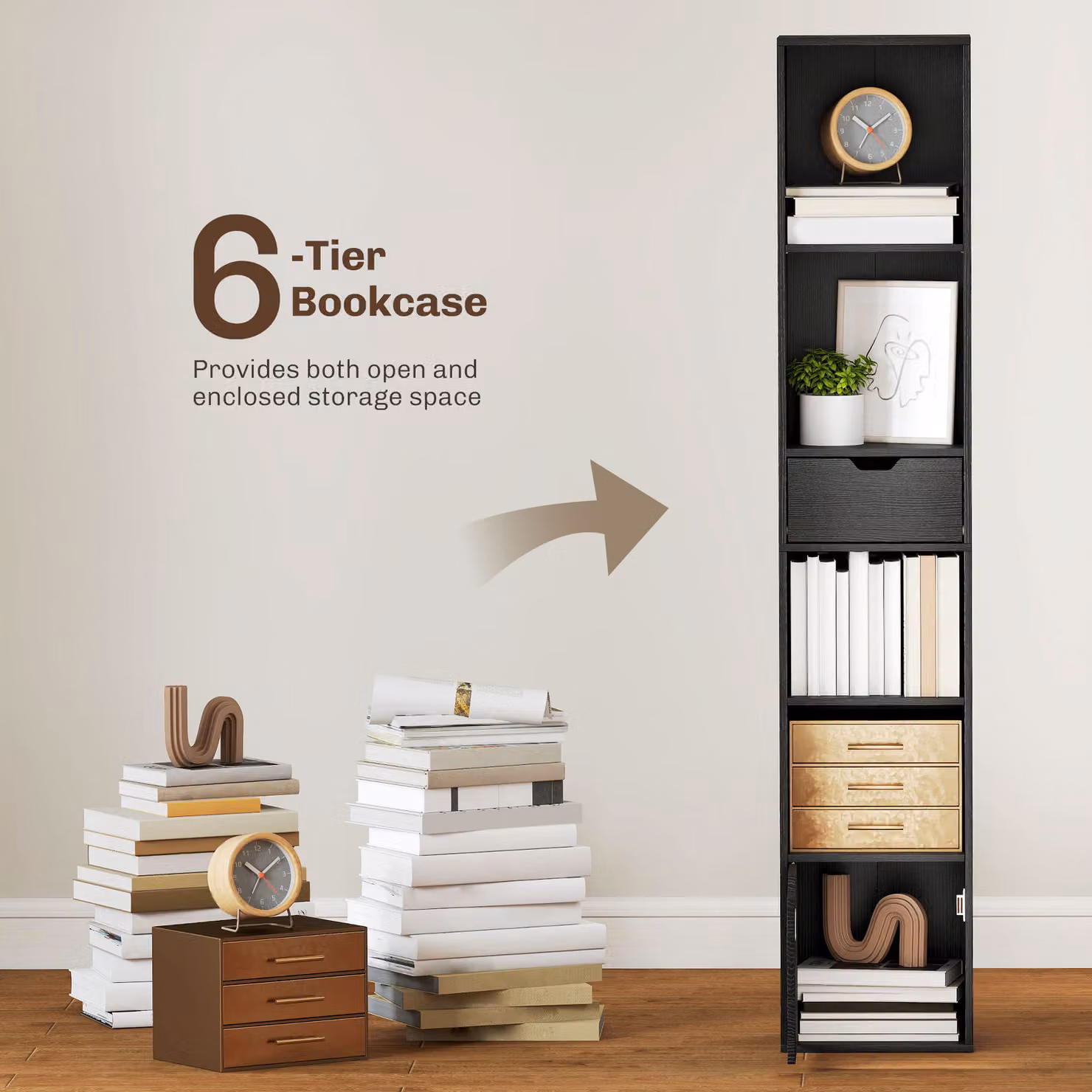 HOMCOM 6-Tier Tall Narrow Black Bookcase with Drawer and Door – 4