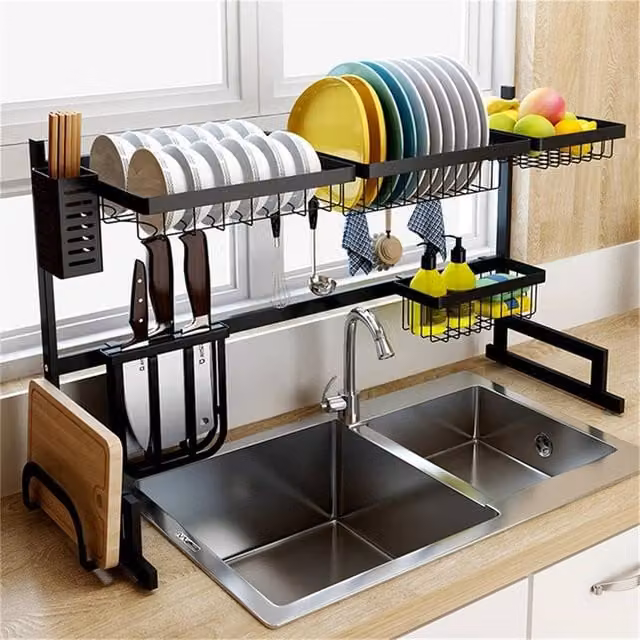 Kelvenix Expandable Over Sink Dish Drainer Drying Rack in Black Coated Steel – 1