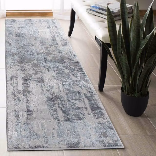 Serdim Rugs Emperor Styra Modern Grunge Abstract Area Rug Runner, Silver, W: 60 cm, L: 220 cm