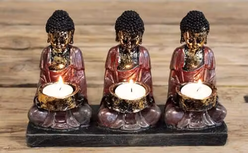 KDMD Antique Buddha Three Devotees Ceramic Tealight Candle Holder in Red – 2