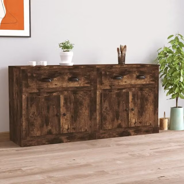 Berkfield Home Set of 2 Smoked Oak Wall Mounted Sideboards in Brown