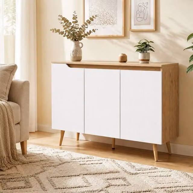 STILVORA Minimalist White Sideboard Storage Cabinet with 3 Doors and Adjustable Shelves – 1