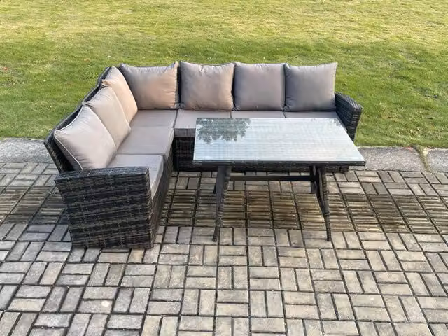 Fimous Rattan Corner Sofa and Rectangular Dining Table Set in Dark Grey