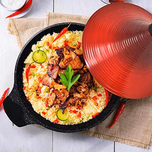 Joeji's Kitchen Non-Stick Aluminium Tagine Casserole Pot, Red, 28 cm – 6