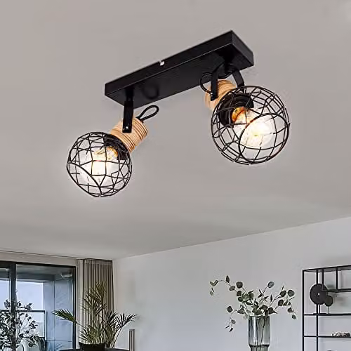 Globo Lighting Industrial Adjustable Ceiling Spotlight with Wood and Metal Mesh Shades in Matt Black and Brown – 3