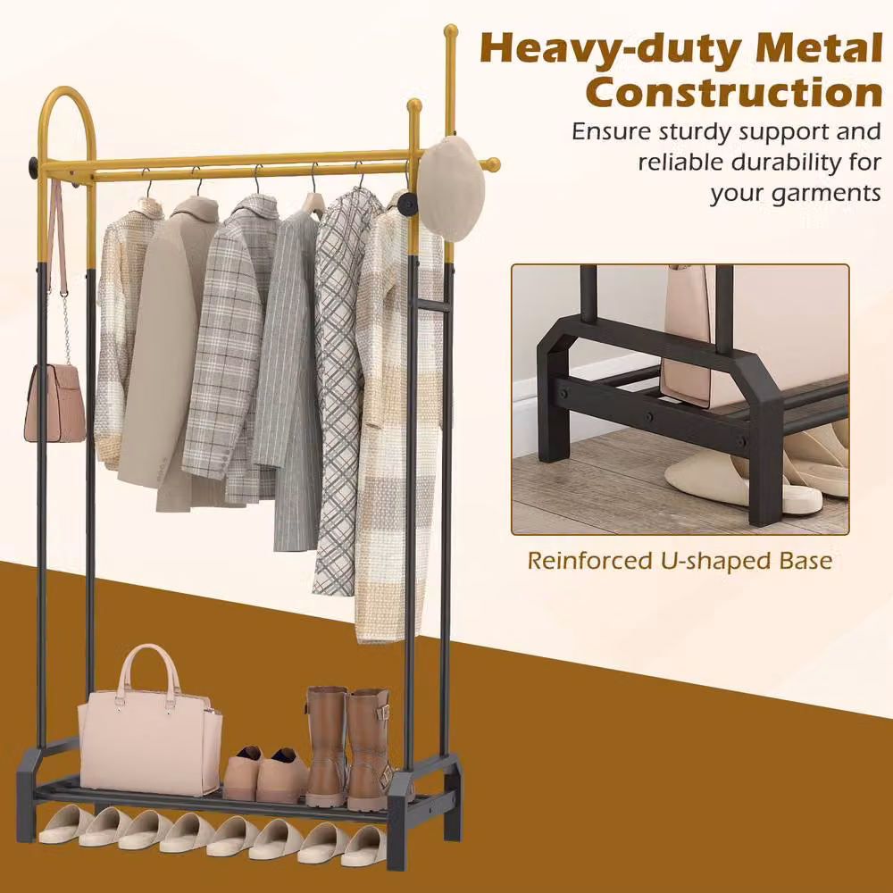 Gymax Double Rod Garment Rack with 5 Hooks and Bottom Shelf in Black – 4