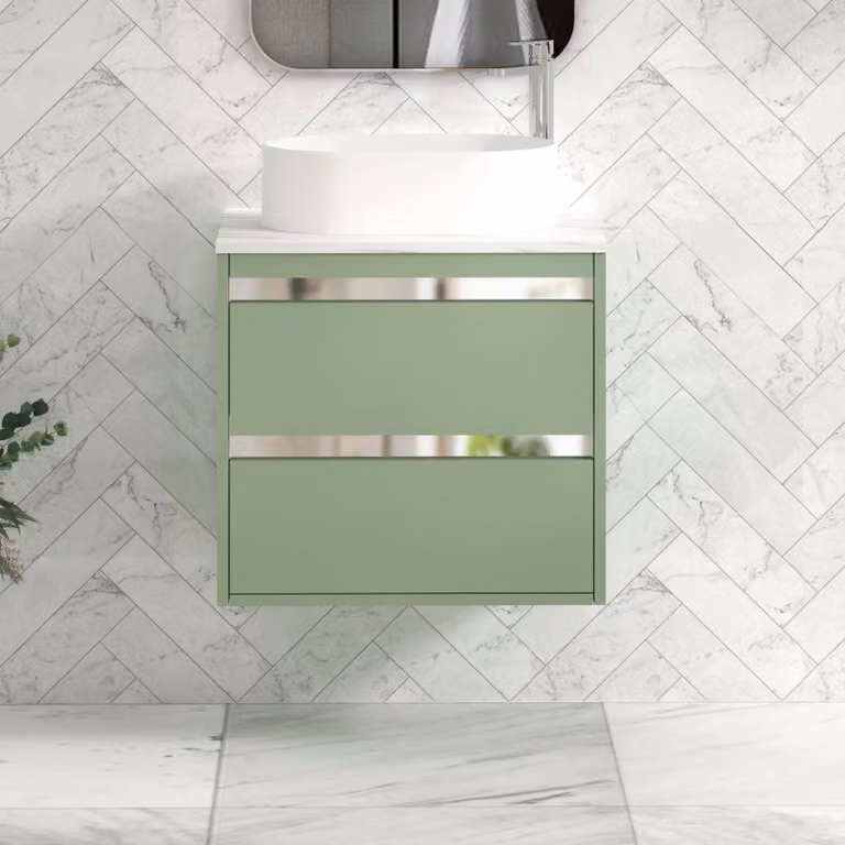 Royal Bathrooms Orion 2 Drawer Wall Hung Mint Sage Vanity Unit with Peak Basin and Chrome Accent Trim, Width: 60 cm