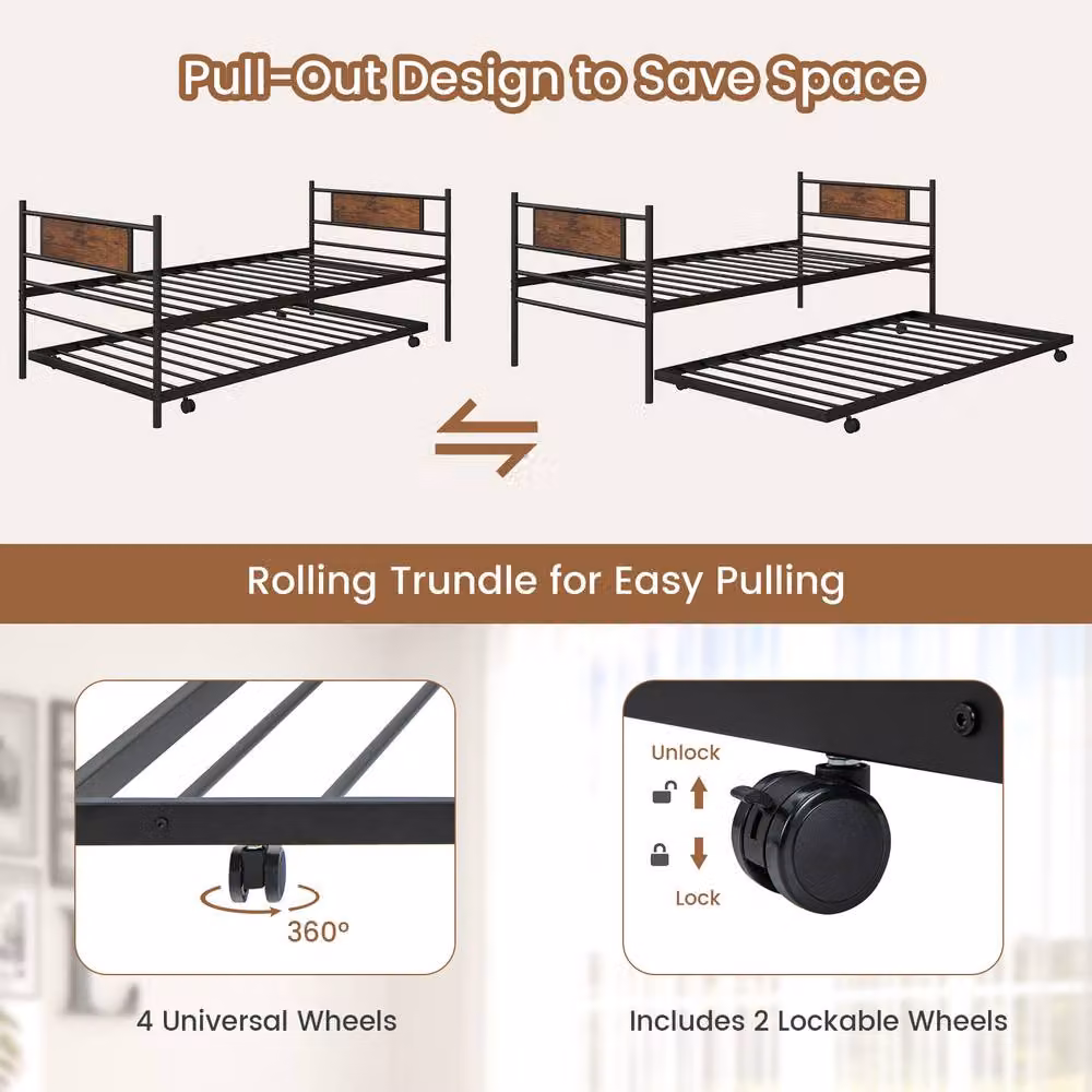 Costway Single Metal Daybed Sofa Bed with Pull-out Trundle in Brown – 5