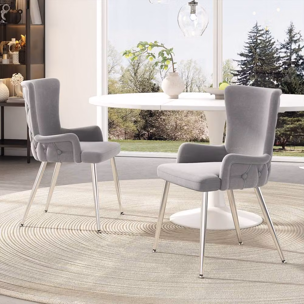 HomeTouch Set of 2 Modern Grey Velvet Wing Back Dining Chairs with Silver Metal Legs – 2