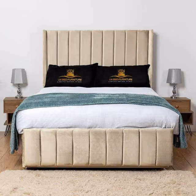 UK Bed Furniture Arizona Wingback Divan Bed Base with 54 Inch Headboard in Cream, Double, W/D/H: 140 x 200 cm