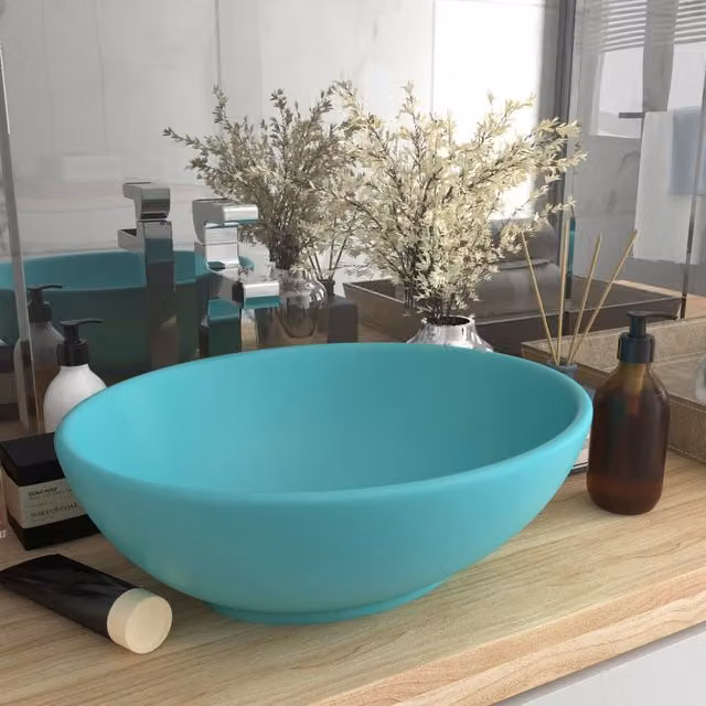 Berkfield Home Oval Ceramic Countertop Basin in Matt Green and Turquoise, W: 40 cm, D: 33 cm