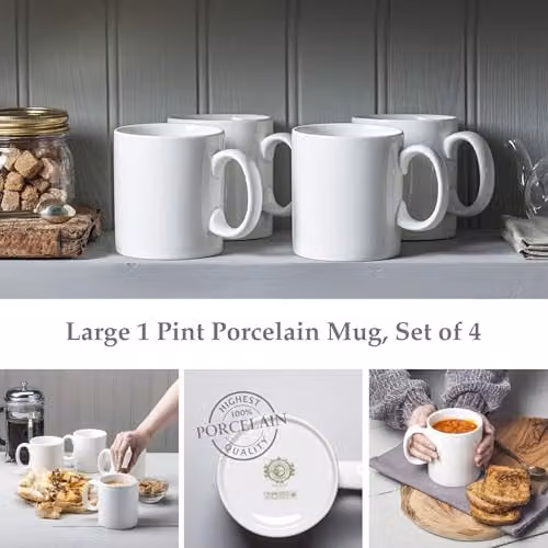 WM Bartleet & Sons 1750 Set of 4 Porcelain Mugs, 568ml, White and Red – 2