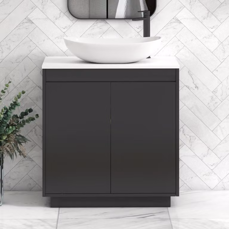 Royal Bathrooms Orion 800mm Matt Obsidian Black and Plain White Floor Standing 2 Door Vanity Unit with Cesar Basin and Black Accent Trim