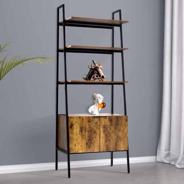 Livingandhome Industrial Wooden Bookshelf with Metal Cabinet in Brown and Black