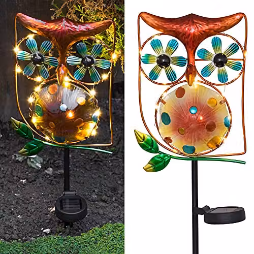 Globrite Metal Owl Wind Spinner with 15 LED Solar Lights in White and Multicolour – 1