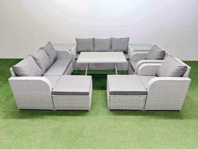 Fimous Rattan High Back Lounge Sofa Set with Reclining Chairs and 2 Ottomans in Light Grey