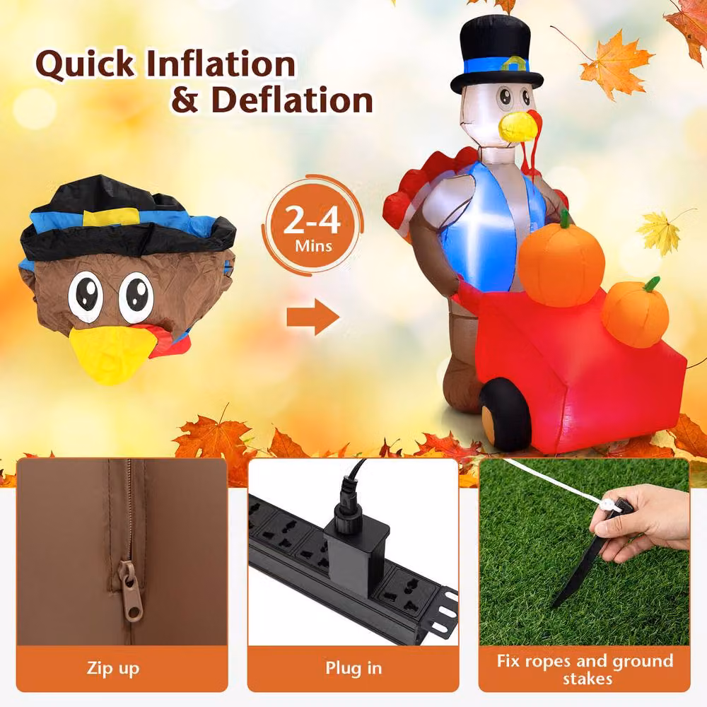 Costway 6ft Multicolour Inflatable Thanksgiving Turkey with Pumpkin Cart and Lights – 4