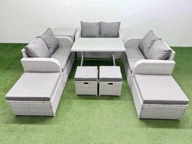 Fimous 10 Seater Patio Garden Furniture Set with Love Sofa and Side Table in Light Grey