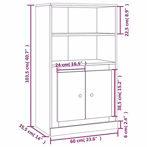 vidaXL Highboard in Grey Matt MDF with Hinged Doors and Open Shelf, W/D/H: 60 x 35.5 x 103.5 cm – 3