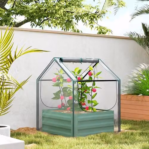 Outsunny Raised Garden Bed with Mini Greenhouse in Green and Transparent – 2