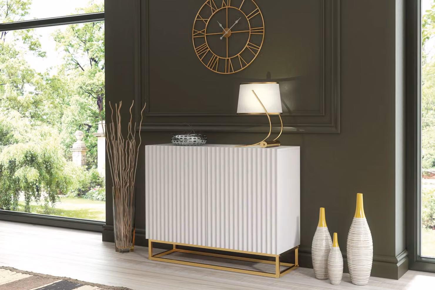 Creative Furniture Ripple Sideboard in White and Gold, Modern Fluted Design, W: 100 cm, H: 80 cm, D: 35 cm – 3