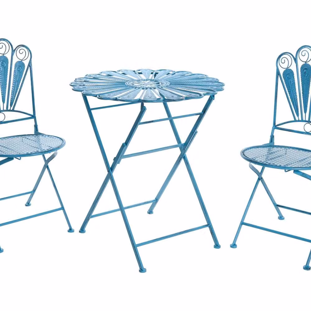 Wyld and Coco Garden Bloom 2-Seater Bistro Set in Blue Powder Coated Steel with Floral Peacock Motif – 2