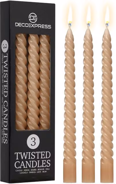 Deco Express Twisted Non Drip Spiral Dinner Candles, Pack of 3, Beige, Non Scented, 6 Hour Burn Time