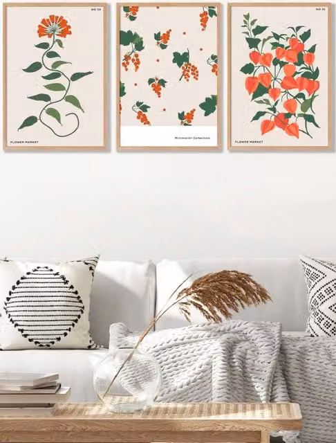 ARTZE Set of 3 Vintage Orange Flower Market Botanical Wall Art with Oak Wood Frames, W: 33 cm, H: 45 cm, D: 2 cm