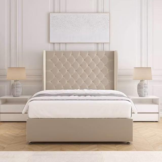 BSSPOKE Amelia Divan Bed Set with 54 inch Headboard and Mattress in Cream Plush Velvet, Super King, W/D/H: 200 x 152 x 50 cm
