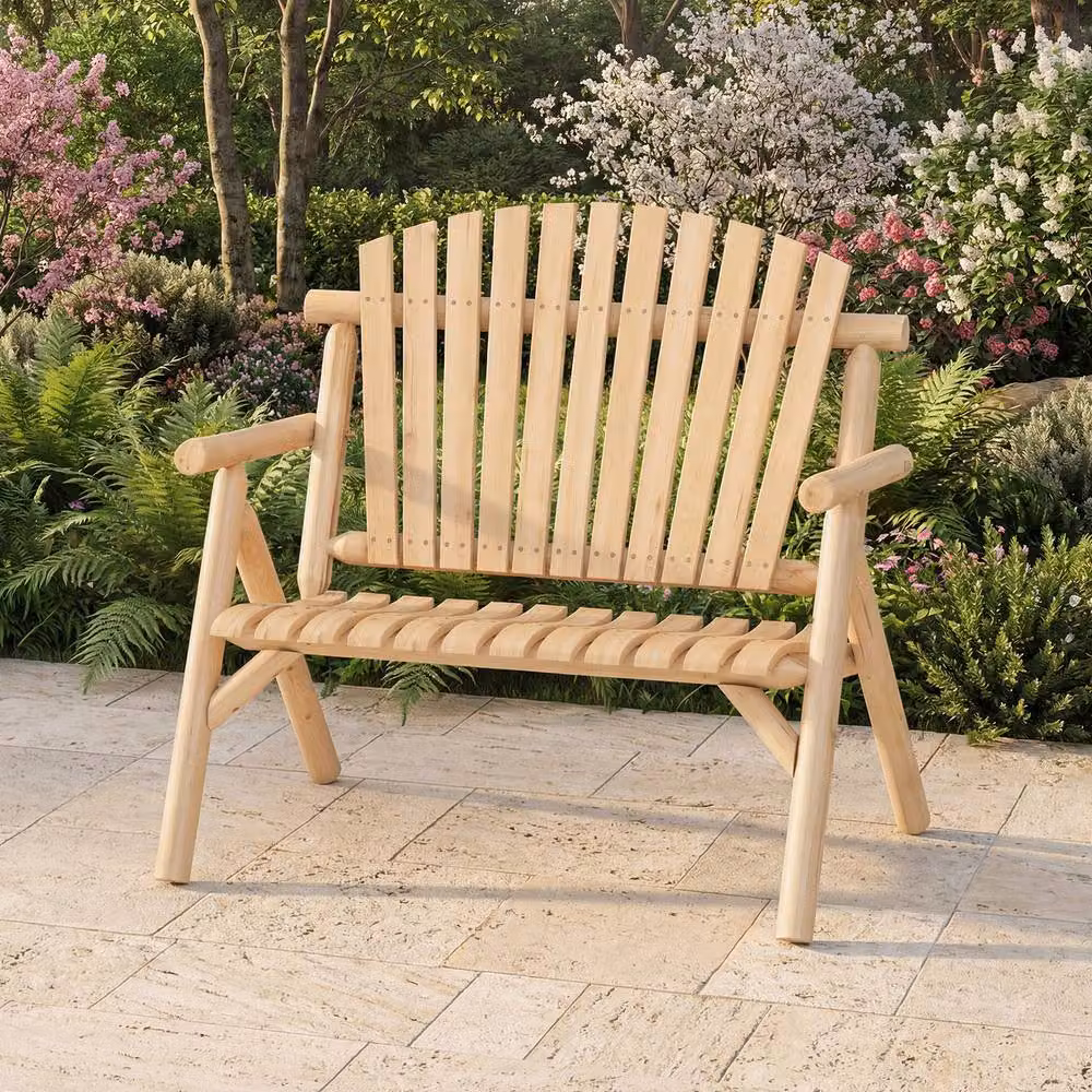 Costway Wooden 2-Seater Patio Loveseat Lounge Chair with Backrest in Natural Brown – 3