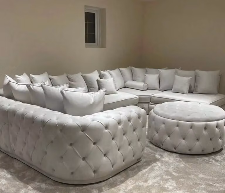 HOB Furniture Royal Surrey U Shape Chesterfield Chaise Sofa with Matching Ottoman in Grey Velvet