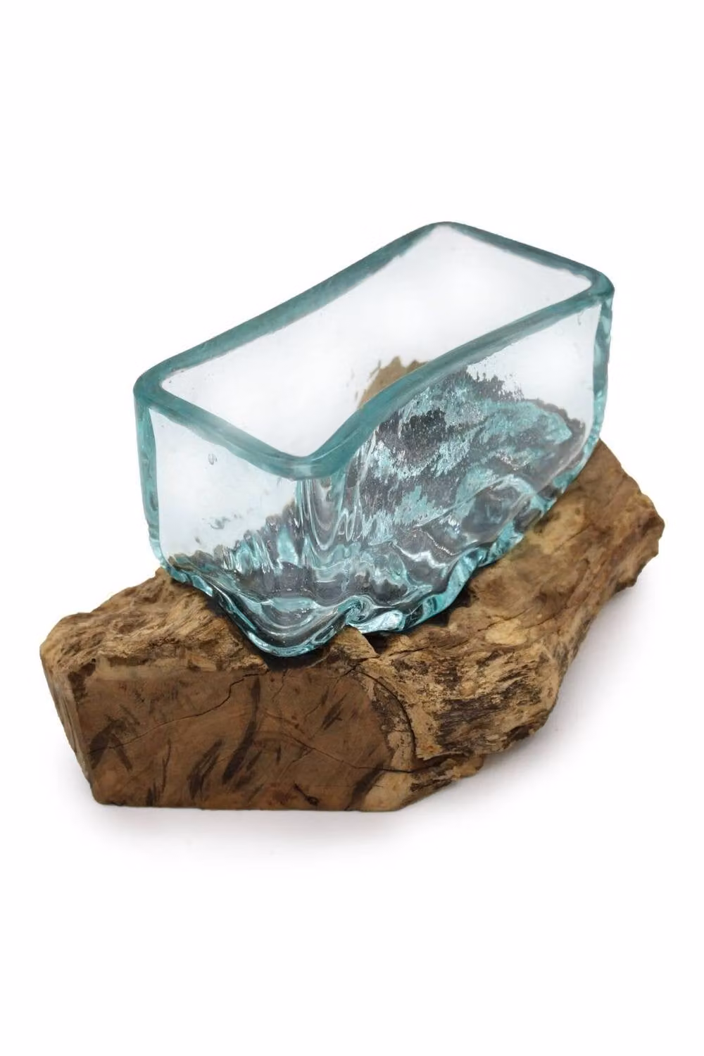 KDMD Medium Turquoise Molten Glass Bowl on a Rustic Wood Stand – 2
