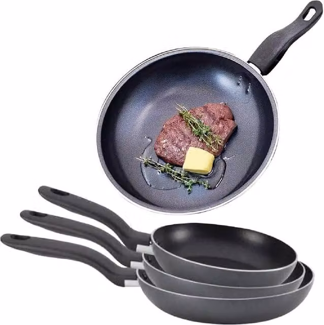 BARGAINS-GALORE Set of 3 Non-Stick Steel Frying Pans in Black