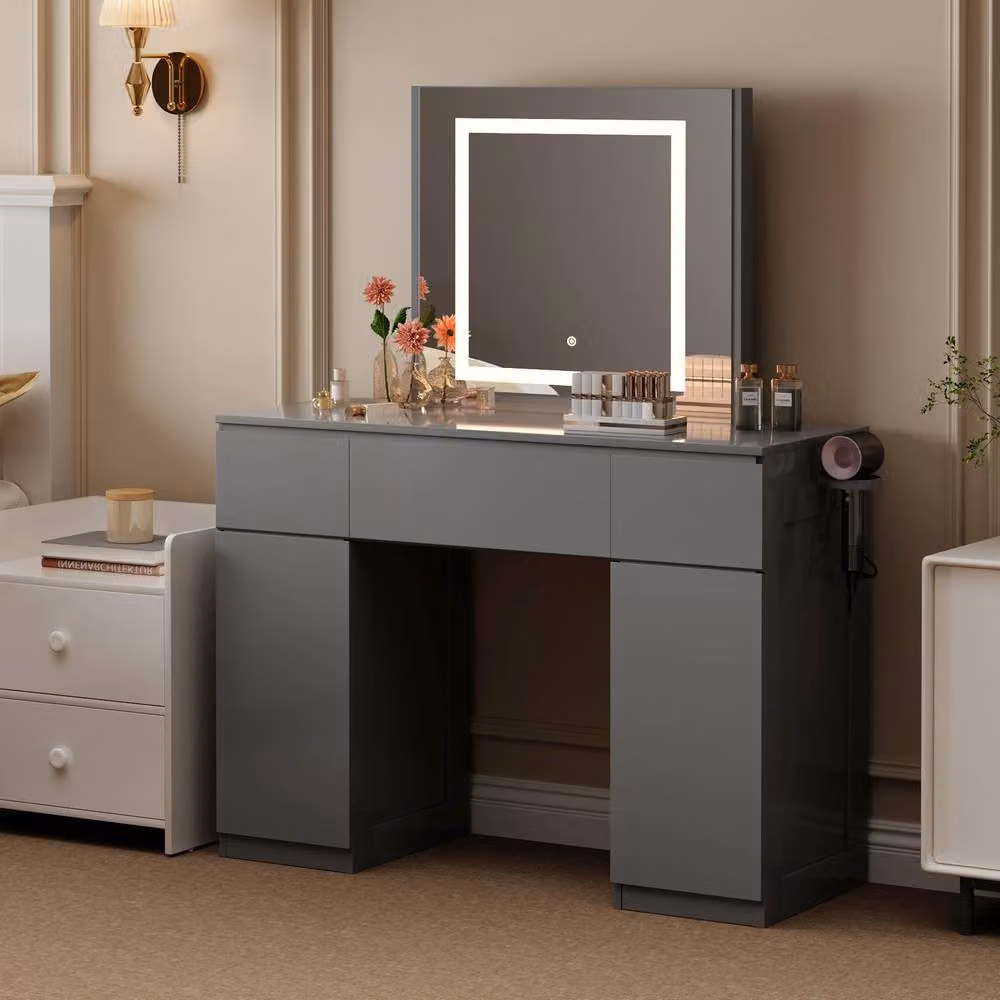 MCC Direct Toronto Grey Glossy Dressing Table with Adjustable LED Mirror – 6