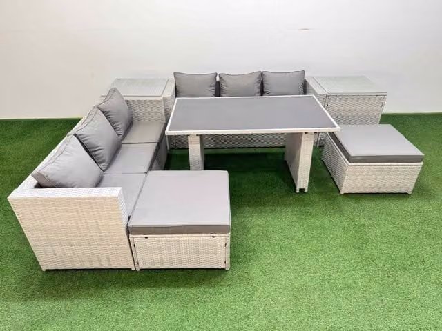 Fimous 8-Seater Patio Rectangular Table Sofa Set with 2 Side Tables and 2 Stools in Light Grey