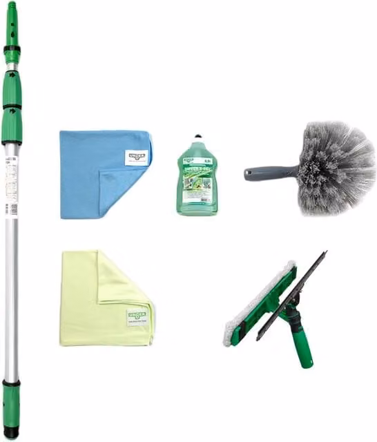 UNGER Telescopic Window Cleaner Set with Squeegee and Microfibre Mop, 6.0m High Reach, Green and Multicolour
