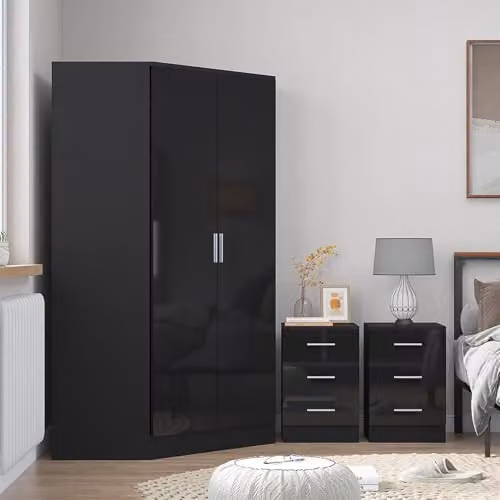 Reflect Modern Black Gloss Bedroom Set with 2 Door Corner Unit and 2x 3 Drawer Bedside Tables – 2