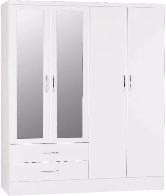 FORGEVIO Modern High Gloss White 4 Door Mirrored Wardrobe with 2 Integrated Drawers