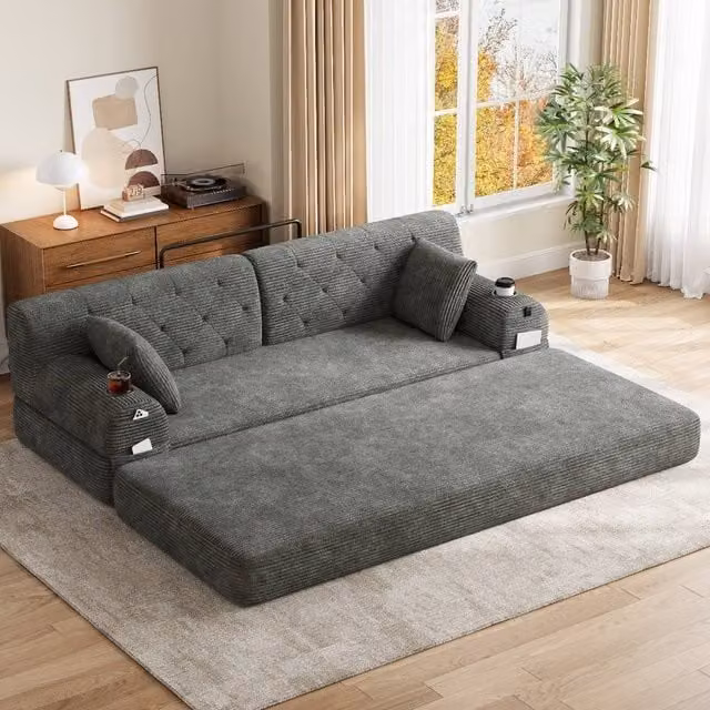 Rolipo Dark Grey Corduroy 3-Seater Sleeper Sofa with High Back and Cup Holders