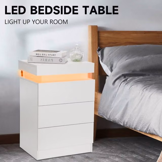 FORGEVIO RGB LED Bedside Nightstand with 3 Drawers in White – 1