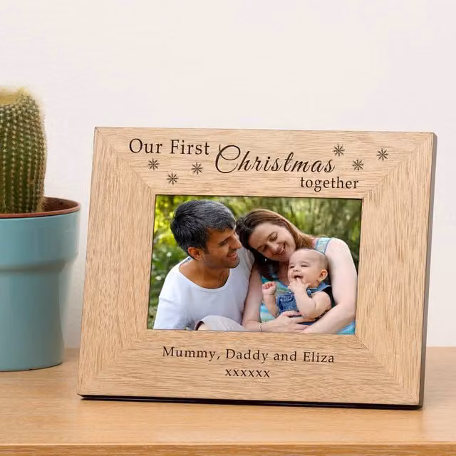 Uniqueful Personalised Our First Christmas Together Wood Photo Frame, Brown, W/H: 15 x 10 cm