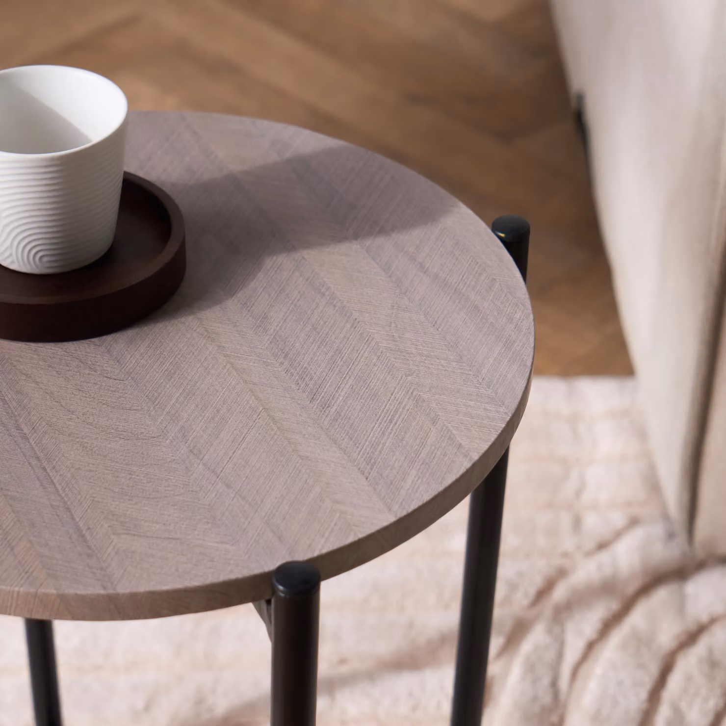 OHS Round Side Table and Nightstand with Metal Frame in Beige – 2