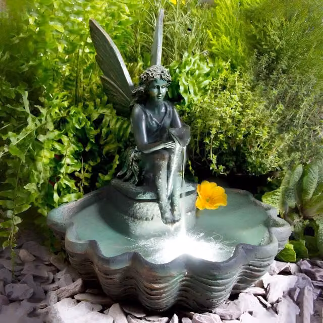Primrose Solar Powered Fairy Statue Water Feature Fountain with Multicolour LED Lights in Grey, H: 30 cm – 5