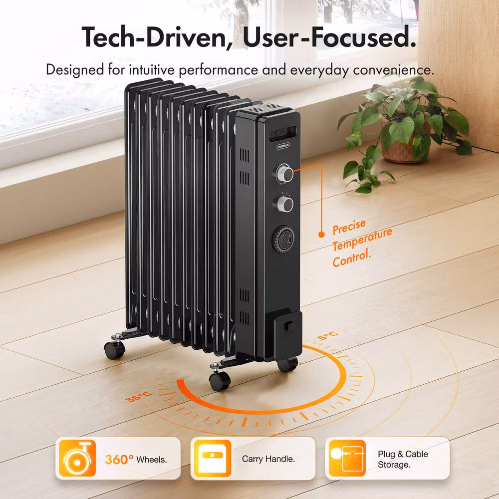 VonHaus 11 Fin Oil Filled Radiator 2500W in Black – 2