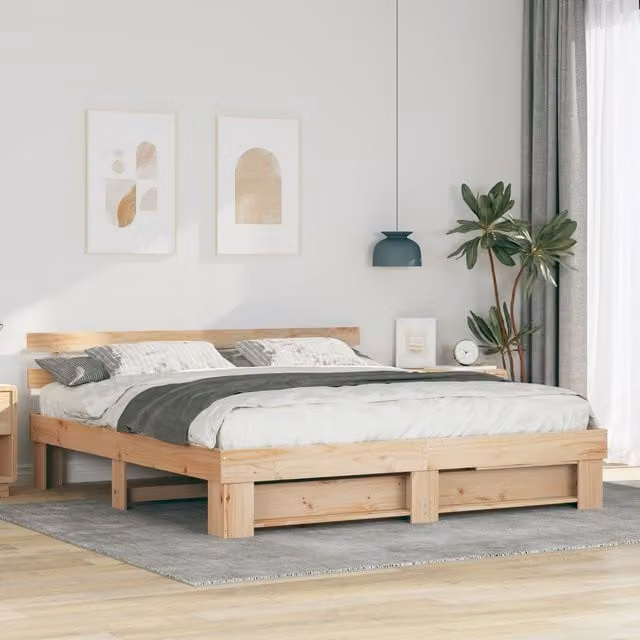 Berkfield Home Solid Pine Wood Bed with Headboard, Brown, 200 x 200 cm – 1