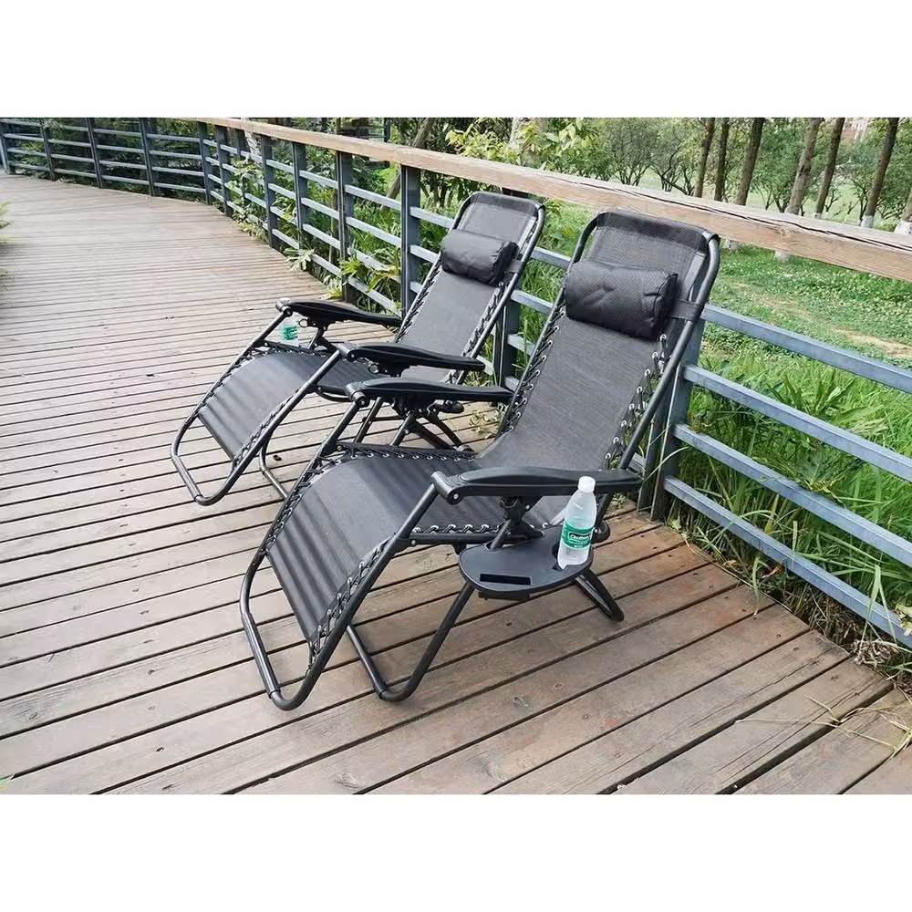 EONLION Set of 2 Zero Gravity Reclining Garden Chairs in Black with Adjustable Headrest and Textilene Fabric – 2